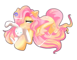 Size: 810x630 | Tagged: safe, artist:crownofspadez, fluttershy, pegasus, pony, g4, blushing, female, flower, flower in hair, hair over one eye, lidded eyes, mare, open mouth, outline, plushie, prone, simple background, solo, three quarter view, transparent background, white outline, wings