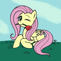 Size: 945x945 | Tagged: safe, artist:megasweet, artist:plasters-ponies, fluttershy, pony, g4, colored, cute, female, flower, flower in mouth, mouth hold, one eye closed, prone, rose, shyabetes, solo, wink