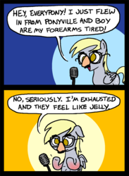 Size: 600x819 | Tagged: safe, artist:zicygomar, derpy hooves, pegasus, pony, g4, 2011, comic, description in comments, female, groucho mask, mare, ouch, stand-up comedy