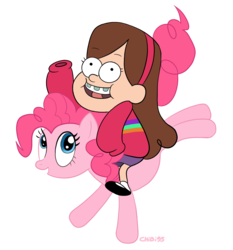 Size: 1188x1274 | Tagged: safe, artist:chibi95, pinkie pie, earth pony, pony, g4, crossover, gravity falls, humans riding ponies, mabel pines, male, riding, simple background, transparent background