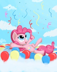 Size: 1200x1500 | Tagged: safe, artist:grennadder, pinkie pie, g4, balloon, balloon riding, confetti, floating, happy, then watch her balloons lift her up to the sky