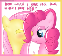 Size: 3950x3550 | Tagged: safe, artist:haltie, fluttershy, pinkie pie, earth pony, pegasus, pony, g4, blushing, cute, duo, duo female, eyes closed, female, high res, lesbian, mare, one eye closed, ship:flutterpie, shipping, smiling, text