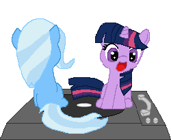 Size: 255x200 | Tagged: safe, artist:tomdantherock, trixie, twilight sparkle, g4, animated, cute, diatrixes, female, filly, filly trixie, filly twilight sparkle, happy, record player, simple background, spinning, transparent background, turntable pony, twiabetes, you spin me right round, younger