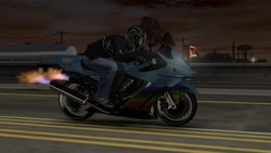 Size: 1280x720 | Tagged: safe, rainbow dash, human, g4, barely pony related, clothes, fire, helmet, jacket, kawasaki, kawasaki ninja, midnight club, midnight club la, motorcycle, night, nitro, ponycar, road, video game