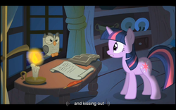 Size: 1024x640 | Tagged: safe, screencap, owlowiscious, twilight sparkle, g4, owl's well that ends well, youtube caption