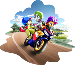 Size: 1560x1350 | Tagged: safe, artist:dcpip, apple bloom, scootaloo, sweetie belle, g4, cutie mark crusaders, motorcycle, riding, scared