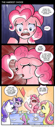 Size: 800x1836 | Tagged: safe, artist:muffinshire, fluttershy, pinkie pie, rarity, spike, twilight sparkle, dragon, pegasus, pony, unicorn, g4, bait and switch, coffee, comic, crying, dialogue, drink, female, magic, magic aura, male, plate, text, unicorn twilight, yelling