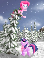 Size: 1525x2000 | Tagged: safe, artist:overlord103, pinkie pie, twilight sparkle, earth pony, pony, unicorn, g4, clothes, fir tree, forest, scarf, snow, snowfall, unicorn twilight, winter