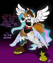 Size: 866x1024 | Tagged: safe, artist:catmonkshiro, princess celestia, oc, anthro, princess molestia, g4, armlet, belt, boots, choker, cloak, clothes, collar, digital art, female, fishnet pantyhose, fishnet stockings, furry, gradient background, hand, hooves, jewelry, mare, pants, pantyhose, paws, shoes, shorts, spiked wristband, spread wings, text, top, transformation, transforming clothes, wristband