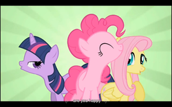 Size: 1024x640 | Tagged: safe, screencap, fluttershy, pinkie pie, twilight sparkle, g4, youtube caption