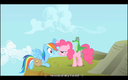 Size: 1024x640 | Tagged: safe, screencap, gummy, pinkie pie, rainbow dash, g4, party of one, youtube caption