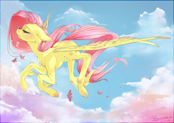 Size: 1697x1200 | Tagged: safe, artist:cindacry, fluttershy, butterfly, pony, g4, eyes closed, female, flying, solo, unshorn fetlocks