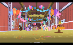 Size: 1024x640 | Tagged: safe, screencap, applejack, fluttershy, pinkie pie, rainbow dash, rarity, twilight sparkle, g4, party of one, female, strippers, youtube caption