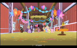 Size: 1024x640 | Tagged: safe, screencap, applejack, fluttershy, pinkie pie, rainbow dash, rarity, twilight sparkle, g4, my little pony: friendship is magic, party of one, female, strippers, youtube caption