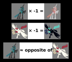 Size: 1100x950 | Tagged: safe, queen chrysalis, oc, oc:fausticorn, alicorn, changeling, changeling queen, pony, g4, evil counterpart, female, inverted colors, lauren faust, math, mind blown