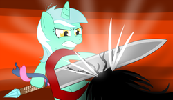 Size: 2000x1162 | Tagged: safe, artist:alexstrazse, lyra heartstrings, pony, unicorn, g4, female, fight, mare, monster, solo, sword