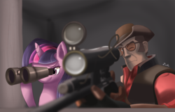 Size: 1067x687 | Tagged: safe, artist:zelc-face, twilight sparkle, pony, g4, crossover, duo, sniper, sniper (tf2), team fortress 2