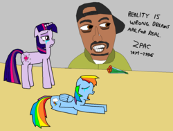 Size: 1146x866 | Tagged: safe, artist:rahkshipinkerton, rainbow dash, twilight sparkle, g4, 2pac, fail, memorial, please read description before voting, stylistic suck, wat