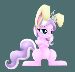 Size: 1677x1609 | Tagged: safe, artist:lamentedmusings, diamond tiara, earth pony, pony, g4, blushing, bunny ears, crossed hooves, cute, diamondbetes, embarrassed, female, frown, gritted teeth, puffy cheeks, sidding, solo