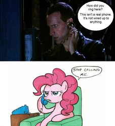 Size: 680x749 | Tagged: safe, pinkie pie, alien, pony, g4, christopher eccleston, crossover, doctor who, exploitable meme, meme, meta, ninth doctor, phone, phone meme, tardis, the doctor