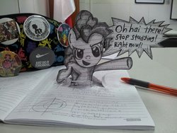 Size: 1024x768 | Tagged: safe, pinkie pie, earth pony, pony, g4, female, fourth wall, fourth wall breach, grayscale, irl, monochrome, notebook, paper child, photo, traditional art