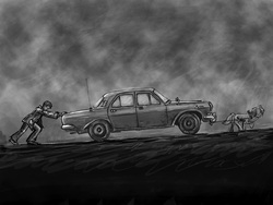 Size: 1920x1440 | Tagged: safe, artist:agm, oc, oc only, oc:volga pony, earth pony, human, pony, car, duo, grayscale, monochrome, pulling