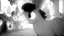 Size: 420x236 | Tagged: safe, screencap, cranky doodle donkey, donkey, a friend in deed, g4, age progression, animated, appleloosa, bald, canterlot, male, manehattan, monochrome, ponyville, sad, solo, toupee, younger