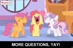 Size: 1024x672 | Tagged: safe, apple bloom, scootaloo, sweetie belle, comic:celestia's servant interview, g4, caption, cutie mark crusaders, interview, meta