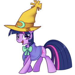 Size: 900x900 | Tagged: safe, artist:solar-slash, twilight sparkle, pony, unicorn, g4, black mage, bow, clothes, crescent moon, female, final fantasy, happy, hat, mare, moon, open mouth, simple background, solo, transparent background, unicorn twilight