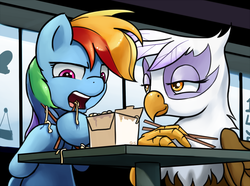 Size: 1036x770 | Tagged: safe, artist:gsphere, gilda, rainbow dash, griffon, pegasus, pony, g4, chopsticks, duo, duo female, eating, female, food, instant noodles, mare, noodles, open mouth, smiling, smirk, table, unopposable hooves