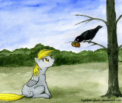 Size: 640x540 | Tagged: safe, artist:el-yeguero, derpy hooves, bird, crow, pegasus, pony, g4, eye contact, eyes on the prize, female, frown, looking at each other, looking up, mare, mouth hold, sitting, solo, traditional art, tree