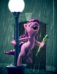 Size: 1313x1688 | Tagged: safe, artist:giantmosquito, pinkie pie, earth pony, pony, bipedal, cute, diapinkes, eyes closed, featured image, female, lamppost, open mouth, parody, rain, singin' in the rain, singing, smiling, solo, streetlight, umbrella, wet, wet mane
