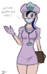 Size: 600x932 | Tagged: safe, artist:johnjoseco, minuette, human, g4, clipboard, colored, costume, dentist, gloves, head mirror, humanized, mask, nightmare night, rubber gloves, solo, stethoscope, surgical mask