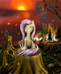 Size: 997x1200 | Tagged: dead source, safe, artist:hereticofdune, angel bunny, fluttershy, pegasus, pony, rabbit, g4, animal, burning, crying, devastation, female, fire, forest, mare, sad, sitting, tree