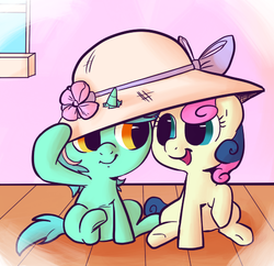 Size: 514x497 | Tagged: safe, artist:php27, artist:rustydooks, bon bon, lyra heartstrings, sweetie drops, earth pony, pony, unicorn, g4, duo, filly, hat, younger