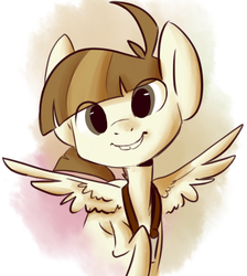 Size: 454x506 | Tagged: safe, artist:php27, artist:rustydooks, featherweight, pegasus, pony, g4, abstract background, camera, male, raised hoof, smiling, solo, spread wings, wings