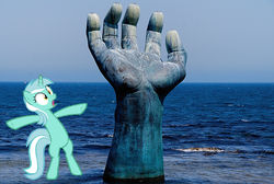 Size: 599x402 | Tagged: safe, lyra heartstrings, pony, unicorn, g4, bipedal, hand, homigot, irl, looking at something, ocean, open mouth, photo, ponies in real life, shrunken pupils, solo, south korea, statue, surprised, vector