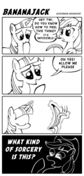 Size: 600x1251 | Tagged: safe, artist:alfourman, applejack, twilight sparkle, g4, banana, comic, monochrome