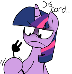 Size: 1067x1100 | Tagged: safe, artist:strangiesleepy, twilight sparkle, pony, unicorn, g4, dis cord, female, frown, hoof hold, mare, power cord, pun, simple background, solo, transparent background, visual pun