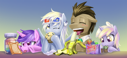 Size: 1300x600 | Tagged: safe, artist:saturnspace, amethyst star, derpy hooves, dinky hooves, doctor whooves, sparkler, time turner, pegasus, pony, unicorn, g4, 3d glasses, banana, daughter, eating, family, father, female, filly, food, herbivore, jelly babies, male, mare, mother, muffin, sandwich, ship:doctorderpy, shipping, stallion, straight, zap apple jam