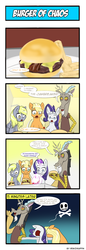 Size: 660x1914 | Tagged: safe, artist:reikomuffin, applejack, derpy hooves, discord, rarity, pegasus, pony, g4, 4koma, burger, comic, female, food, mare, ponies eating meat, sick