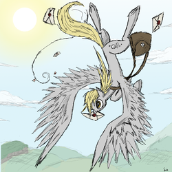 Size: 1000x1000 | Tagged: dead source, safe, artist:php15, derpy hooves, pegasus, pony, g4, cloud, female, flying, large wings, letter, mail, mailbag, mailmare, mare, mouth hold, sky, solo, sun, wings