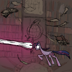 Size: 2000x2000 | Tagged: dead source, safe, artist:php15, twilight sparkle, pony, g4, fight, glowing eyes, high res, library, magic, magic blast, solo