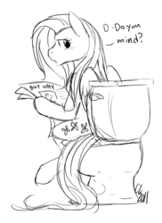 Size: 800x1096 | Tagged: safe, artist:cartoonlion, fluttershy, pegasus, pony, g4, black and white, but why, dialogue, female, grayscale, hoof hold, implied pooping, looking at you, looking back, looking back at you, mare, monochrome, newspaper, simple background, sitting on toilet, sketch, talking to viewer, toilet, white background
