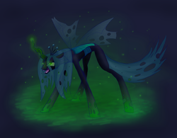 Size: 2954x2300 | Tagged: safe, artist:wolframclaws, queen chrysalis, changeling, changeling queen, g4, crown, fangs, female, glowing horn, high res, horn, jewelry, open mouth, regalia, solo, standing