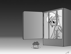 Size: 1600x1200 | Tagged: safe, artist:liska, derpy hooves, pegasus, pony, g4, cage, derpybuse, derpygate, female, food, grayscale, mare, monochrome, muffin, muffin denial, sad, solo, tongue out, tragic