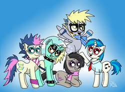 Size: 3216x2384 | Tagged: safe, artist:jay muniz, bon bon, derpy hooves, dj pon-3, lyra heartstrings, octavia melody, sweetie drops, vinyl scratch, earth pony, pegasus, pony, unicorn, g4, female, high res, mare, nerd, teenager, younger