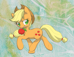 Size: 1833x1431 | Tagged: safe, artist:dawnfire, applejack, earth pony, pony, g4, apple, bedroom eyes, colored pupils, female, looking at you, mouth hold, obligatory apple, solo
