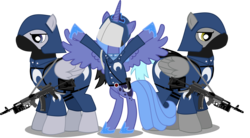 Size: 6332x3498 | Tagged: safe, artist:tensaioni, princess luna, alicorn, pegasus, pony, g4, clothes, cobra commander, cobra trooper, crossover, female, g.i. joe, male, mare, mask, night guard, s1 luna, simple background, stallion, transparent background, trio, uniform, weapon