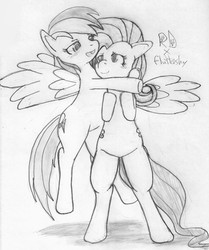 Size: 1617x1932 | Tagged: safe, artist:pockystix, fluttershy, rainbow dash, g4, female, hug, lesbian, ship:flutterdash, shipping, sketch, traditional art